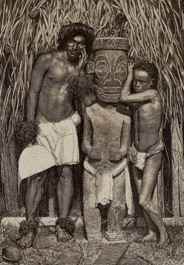 Unknown artist, lithograph of Miot photograph Deux naturels près d'une idole, îles Marquises.