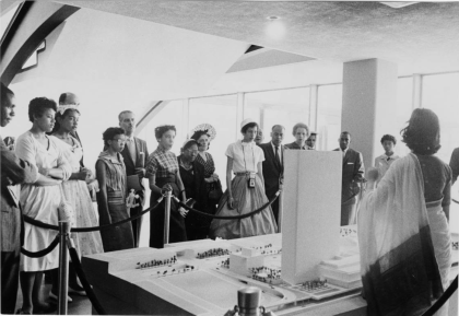 Wendy Grossman (1958) Little Rock Nine students looking at a model of the UN Headquarters, New York, NY.
