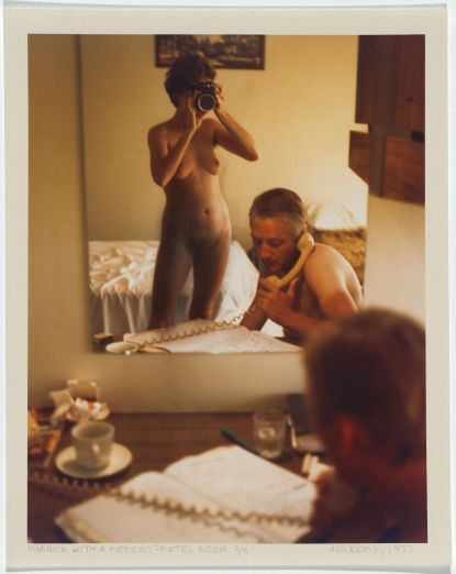 Carol Jerrems (1977) Mirror with a memory: motel room 1977. Self-portrait Carol Jerrems with Esben Storm, Type C colour photograph, signed recto l.r., pencil, "JERREMS ..." dated recto l.r., pencil, "... 1977" titled recto l.l., pencil, "MIRROR WITH A MEMORY: MOTEL ROOM. 2/9", 23.0 h x 18.0 w cm, Acknowledgement Gift of Mrs Joy Jerrems 1981, Accession no NGA 81.3078.206, Image rights, © Ken Jerrems and the Estate of Lance Jerrems