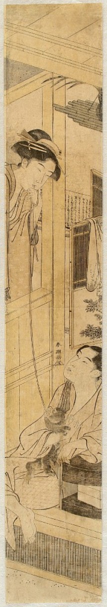 Shuncho Katsukawa (c.1780-1795) Couple and a Puppy, Woodblock print